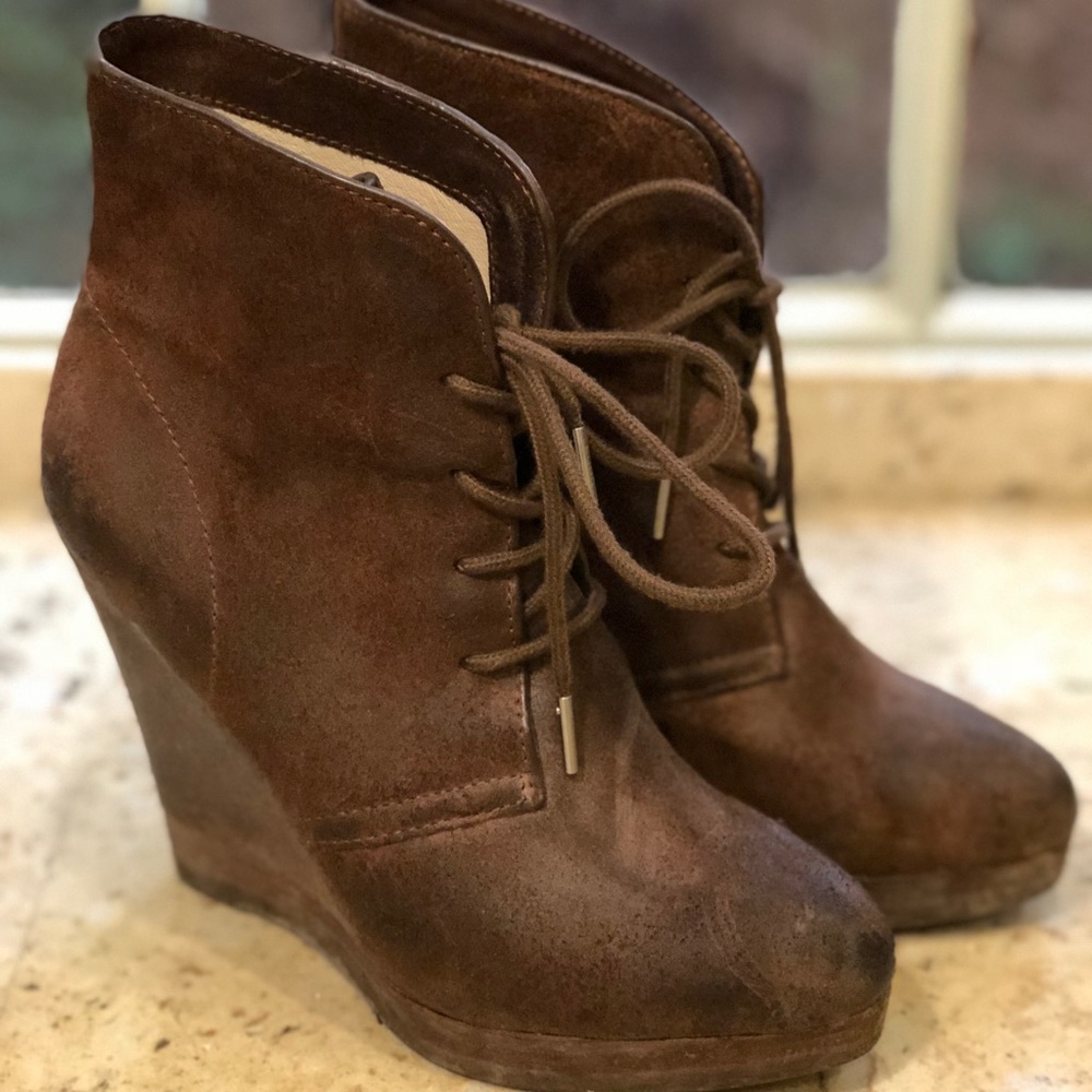 Brown Leather Michael Kors Wedge Lace Up Booties